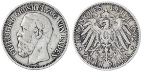 Reichssilbermünzen J. 19-178 - Baden - Friedrich I., 1856-1907
2 Mark 1892 G. sehr schön Jaeger 28.