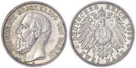 Reichssilbermünzen J. 19-178 - Baden - Friedrich I., 1856-1907
2 Mark 1899 G. Auflage nur wenige Ex. Polierte Platte, nur min. berührt, feine Tönung,...