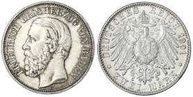 Reichssilbermünzen J. 19-178 - Baden - Friedrich I., 1856-1907
2 Mark 1901 G. fast Stempelglanz, min. Kratzer, Prachtexemplar mit feiner Tönung, sehr...
