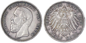 Reichssilbermünzen J. 19-178 - Baden - Friedrich I., 1856-1907
5 Mark 1902 G. Seltenes Jahr. sehr schön/vorzüglich, kl. Randfehler, schöne Patina Jae...