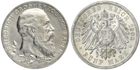 Reichssilbermünzen J. 19-178 - Baden - Friedrich I., 1856-1907
5 Mark 1902. 50 jähriges Regierungsjubiläum. vorzüglich/Stempelglanz Jaeger 31.