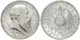 Reichssilbermünzen J. 19-178 - Baden - Friedrich I., 1856-1907
5 Mark 1902. 50 jähriges Regierungsjubiläum. fast Stempelglanz, kl. Schrötlingsfehler ...