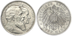 Reichssilbermünzen J. 19-178 - Baden - Friedrich I., 1856-1907
5 Mark 1906. Zur goldenen Hochzeit. gutes vorzüglich, Randfehler Jaeger 35.