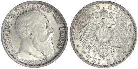 Reichssilbermünzen J. 19-178 - Baden - Friedrich I., 1856-1907
2 Mark 1907. Auf seinen Tod. Stempelglanz, Prachtexemplar Jaeger 36.