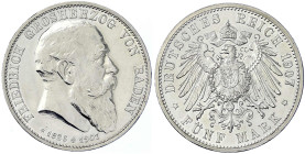 Reichssilbermünzen J. 19-178 - Baden - Friedrich I., 1856-1907
5 Mark 1907. Auf seinen Tod. Erstabschlag, berieben Jaeger 37.