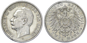 Reichssilbermünzen J. 19-178 - Baden - Friedrich II., 1907-1918
2 Mark 1911 G. sehr schön/vorzüglich Jaeger 38.