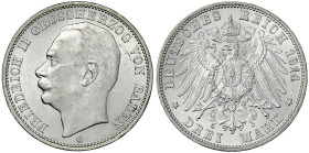 Reichssilbermünzen J. 19-178 - Baden - Friedrich II., 1907-1918
3 Mark 1914 G. vorzüglich/Stempelglanz, winz. Randfehler Jaeger 39.