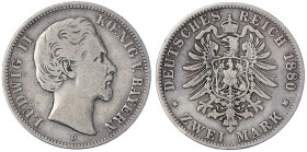 Reichssilbermünzen J. 19-178 - Bayern - Ludwig II., 1864-1886
2 Mark 1880 D. fast sehr schön Jaeger 41.