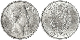 Reichssilbermünzen J. 19-178 - Bayern - Ludwig II., 1864-1886
5 Mark 1875 D. fast Stempelglanz, feine Patina Jaeger 42.