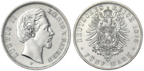 Reichssilbermünzen J. 19-178 - Bayern - Ludwig II., 1864-1886
5 Mark 1875 D. gutes vorzüglich, kl. Kratzer u. winz. Randfehler Jaeger 42.