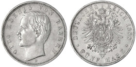 Reichssilbermünzen J. 19-178 - Bayern - Otto, 1886-1913
5 Mark 1888 D. vorzüglich Jaeger 44.