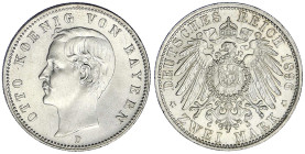 Reichssilbermünzen J. 19-178 - Bayern - Otto, 1886-1913
2 Mark 1896 D. fast Stempelglanz, min. Kratzer, selten in dieser Erhaltung Jaeger 45.