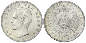 Reichssilbermünzen J. 19-178 - Bayern - Otto, 1886-1913
2 Mark 1907 D. fast Stempelglanz/Erstabschlag, min. Kratzer, Prachtexemplar Jaeger 45.