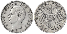 Reichssilbermünzen J. 19-178 - Bayern - Otto, 1886-1913
5 Mark 1896 D. Seltener Jahrgang. fast sehr schön, kl. Randfehler Jaeger 46.