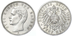 Reichssilbermünzen J. 19-178 - Bayern - Otto, 1886-1913
5 Mark 1906 D. Seltener Jahrgang. vorzüglich/Stempelglanz, kl. Kratzer Jaeger 46.