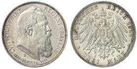 Reichssilbermünzen J. 19-178 - Bayern - Luitpold 1911-1912
3 Mark 1911 D. Zum 90 jähr. Geb. Polierte Platte, kl. Kratzer Jaeger 49.