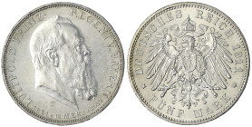 Reichssilbermünzen J. 19-178 - Bayern - Luitpold 1911-1912
5 Mark 1911 D. Zum 90 jähr. Geb. vorzüglich/Stempelglanz Jaeger 50.