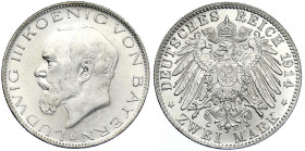 Reichssilbermünzen J. 19-178 - Bayern - Ludwig III., 1913-1918
2 Mark 1914 D. fast Stempelglanz Jaeger 51.