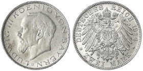 Reichssilbermünzen J. 19-178 - Bayern - Ludwig III., 1913-1918
2 Mark 1914 D. gutes vorzüglich, winz. Randfehler Jaeger 51.