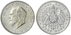 Reichssilbermünzen J. 19-178 - Bayern - Ludwig III., 1913-1918
5 Mark 1914 D. gutes vorzüglich Jaeger 53.