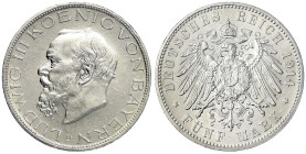 Reichssilbermünzen J. 19-178 - Bayern - Ludwig III., 1913-1918
5 Mark 1914 D. gutes vorzüglich, etwas berieben, winz. Randfehler Jaeger 53.
