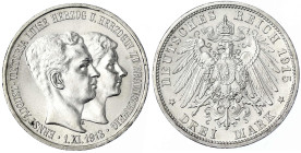 Reichssilbermünzen J. 19-178 - Braunschweig - Ernst August, 1913-1916
3 Mark 1915 A. Ohne Lüneburg. Stempelglanz, Prachtexemplar, sehr selten in dies...