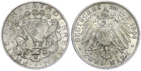 Reichssilbermünzen J. 19-178 - Bremen - 
2 Mark 1904 J. fast Stempelglanz, Prachtexemplar Jaeger 59.