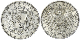 Reichssilbermünzen J. 19-178 - Bremen - 
2 Mark 1904 J. vorzüglich/Stempelglanz, kl. Randfehler Jaeger 59.