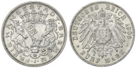 Reichssilbermünzen J. 19-178 - Bremen - 
5 Mark 1906 J. vorzüglich/Stempelglanz Jaeger 60.