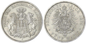 Reichssilbermünzen J. 19-178 - Hamburg - 
5 Mark 1875 J. fast Stempelglanz, Prachtexemplar Jaeger 62.