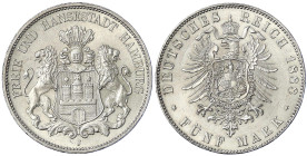 Reichssilbermünzen J. 19-178 - Hamburg - 
5 Mark 1888 J. fast Stempelglanz, min. Randfehler, Prachtexemplar Jaeger 62.