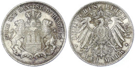 Reichssilbermünzen J. 19-178 - Hamburg - 
2 Mark 1904 J. fast Stempelglanz, Prachtexemplar, schöne Patina Jaeger 63.