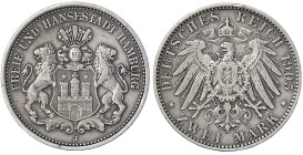 Reichssilbermünzen J. 19-178 - Hamburg - 
2 Mark 1905 J. Besseres Jahr. sehr schön Jaeger 63.