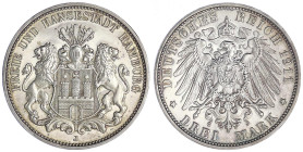 Reichssilbermünzen J. 19-178 - Hamburg - 
3 Mark 1911 J. Polierte Platte, Prachtexemplar, selten Jaeger 64.