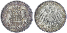 Reichssilbermünzen J. 19-178 - Hamburg - 
3 Mark 1911 J. fast Stempelglanz, Prachtexemplar mit herrlicher Patina Jaeger 64.