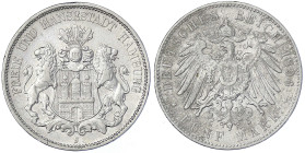 Reichssilbermünzen J. 19-178 - Hamburg - 
5 Mark 1896 J. Seltenes Jahr. sehr schön, kl. Randfehler, Rs. etwas korrodiert Jaeger 65.