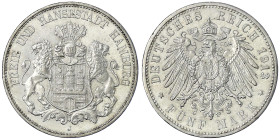 Reichssilbermünzen J. 19-178 - Hamburg - 
5 Mark 1913 J. vorzüglich/Stempelglanz aus Erstabschlag, winz. Randfehler Jaeger 65.