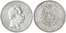 Reichssilbermünzen J. 19-178 - Hessen - Ludwig III., 1848-1877
5 Mark 1876 H. gutes vorzüglich, etwas berieben Jaeger 67.