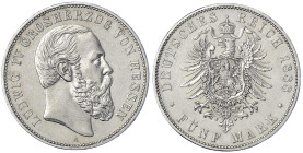 Reichssilbermünzen J. 19-178 - Hessen - Ludwig IV., 1877-1892
5 Mark 1888 A. vorzüglich, winz. Randfehler Jaeger 69.
