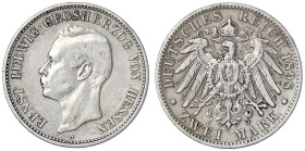 Reichssilbermünzen J. 19-178 - Hessen - Ernst Ludwig, 1892-1918
2 Mark 1898 A. fast sehr schön, berieben Jaeger 72.