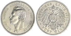 Reichssilbermünzen J. 19-178 - Hessen - Ernst Ludwig, 1892-1918
5 Mark 1898 A. vorzüglich/Stempelglanz, min. Randfehler, sehr selten in dieser Erhalt...