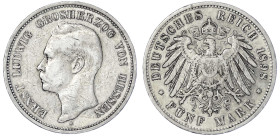Reichssilbermünzen J. 19-178 - Hessen - Ernst Ludwig, 1892-1918
5 Mark 1898 A. sehr schön, winz. Randfehler Jaeger 73.