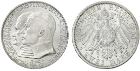 Reichssilbermünzen J. 19-178 - Hessen - Ernst Ludwig, 1892-1918
2 Mark 1904. Zum 400. Geburtstag. Stempelglanz, Prachtexemplar Jaeger 74.
