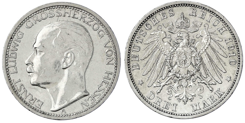 Reichssilbermünzen J. 19-178 - Hessen - Ernst Ludwig, 1892-1918
3 Mark 1910 A. ...