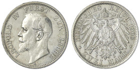 Reichssilbermünzen J. 19-178 - Lippe - Leopold IV., 1904-1918
2 Mark 1906 A. vorzüglich, leichte Druckstelle oder Verprägung am Rand Jaeger 78.