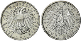 Reichssilbermünzen J. 19-178 - Lübeck - 
2 Mark 1906 A. gutes vorzüglich, etwas berieben Jaeger 81.
