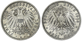 Reichssilbermünzen J. 19-178 - Lübeck - 
3 Mark 1909 A. fast vorzüglich Jaeger 82.