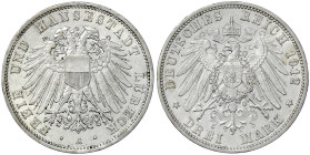 Reichssilbermünzen J. 19-178 - Lübeck - 
3 Mark 1912 A. vorzüglich, min. Randfehler Jaeger 82.