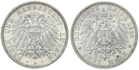 Reichssilbermünzen J. 19-178 - Lübeck - 
3 Mark 1913 A. vorzüglich/Stempelglanz, kl. Randfehler Jaeger 82.