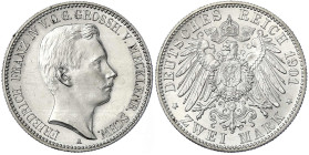 Reichssilbermünzen J. 19-178 - Mecklenburg-Schwerin - Friedrich Franz IV., 1897-1918
2 Mark 1901 A. vorzüglich/Stempelglanz aus Erstabschlag, winz. R...